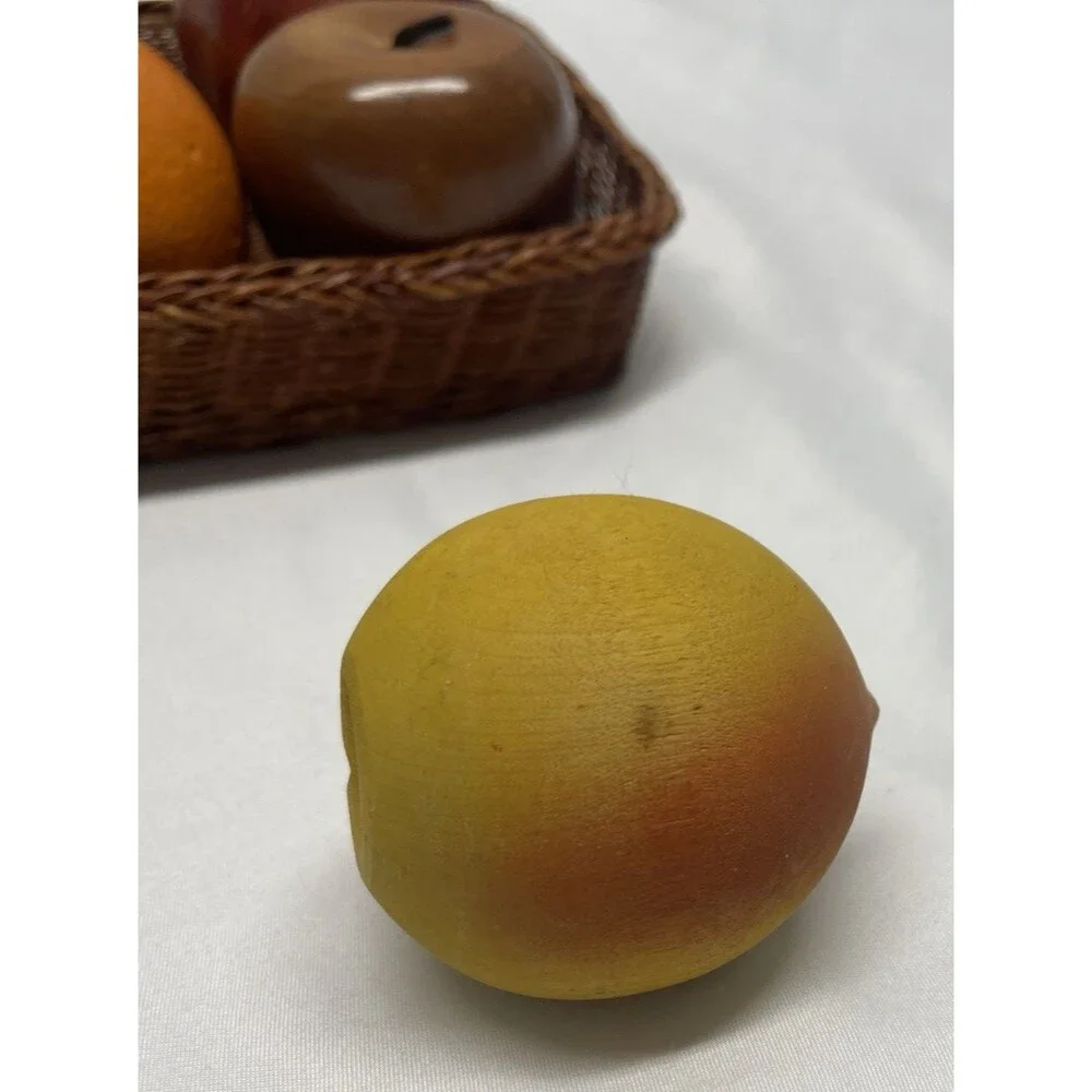 Vintage Retro MCM Solid Wood Lot Colored Fruit Hand Carved 6 Pieces + Basket